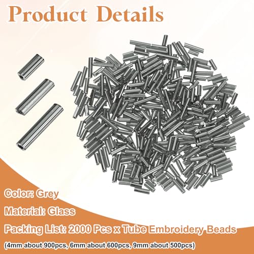 MECCANIXITY 2000pcs Glass Bugle Beads 4/6/9mm Long Tube Cylinder Beads - color: Grey