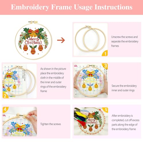 Zhenqing Stamped Cross Stitch Kits for Adults Beginners, Christmas Cross Stitch Kit, 3 Pack Holiday Needlepoint Craft Set with Printed Pattern Fabric, Christmas Tree, Sleigh and Wreath Designs - style: Christmas