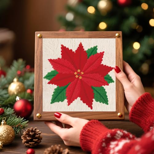 BEUNITONE Poinsettia Pre-Print Punch Needle Kit for Beginners Adults Gifts - color: 08-Crimson