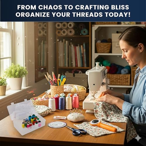 Threads Organizer Box | 42 Slots Thread Holders for Spools of Thread with Lid | Clear Spool Holder & Sewing Organizer | Plastic Organiser Box for Embroidery (not for Large Spools)
