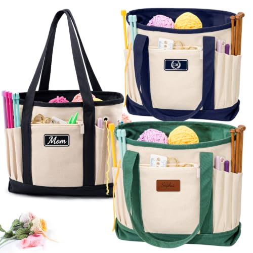 Personalized Crochet Bag with Custom Leather Patch or Embroidered Name, Canvas Knitting Tote for Yarn Storage, Crochet Organizer with Multiple Pockets, Custom Gift for Crocheters & Knitters - color: Nature-Green, size: Make it Personal