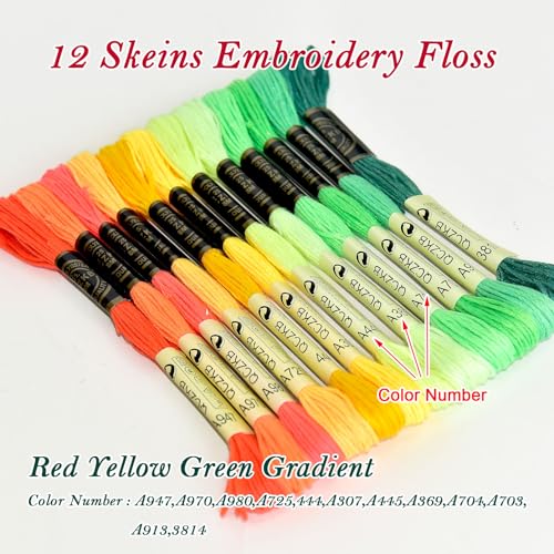 Premium Rainbow Color Embroidery Floss - Cross Stitch Threads - Friendship Bracelets Floss - Crafts Floss - 12 Skeins Per Pack Embroidery Floss,Red-Yellow-Green Gradient - color: Red-Yellow-Green Gradient