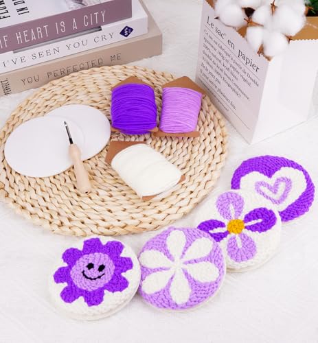 Nuoviyiya Punch Needle Coaster Kit for Adults Beginners, Complete Embroidery Kit with Adhesive Felt & Pre-Printed Patterns, Easy DIY Craft Set with Yarn, Hoop, Tools & Instructions