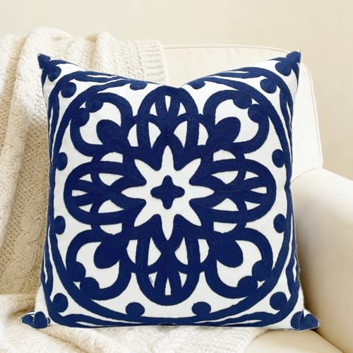 Slow Cow Embroidered Throw Pillow Cover 18 x 18 Inch Navy Blue - color: Navy Petal, size: 18" x 18" (Pack of 1)