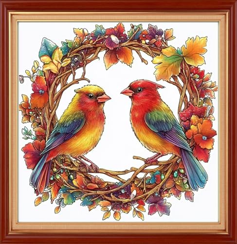 Foxhool Stamped Cross Stitch Kits,11CT Printed Cross Stitch Pattern Full Embroidery Kits for Beginner Needlepoint Kits&Wreath Bird 18x18 inch - color: ColorSet21
