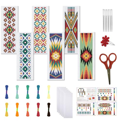 FREEBLOSS 6PCS Cross Stitch Bookmark Kit Stamped Floral Cross Stitch Bookmarks Kit for Beginner DIY Stamped Embroidery Bookmark Kit Cross Stitch Projects for Book Lovers - style: Aztec patterns