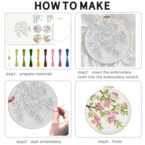 INFUNLY 4 Pack Seasons Flowers Embroidery Starter Kit for Beginners Branches Leaves DIY Embroidery Kits for Adults Stamped Needlepoint Set with Step-by-Step Instructions Threads Craft Lover Gift - style: Seasons
