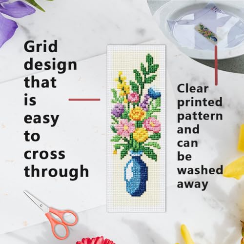 INFUNLY 6PCS Cross Stitch Bookmark Kit for Adults Flower Vase Stamped Embroidery Bookmark Kit with Backing Felt Floss Instruction for Book Lovers Readers - style: Vases