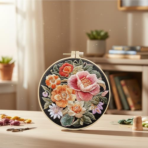 ARTopet Embroidery Kit for Beginners Cross Stitch Kits Needlepoint Set Colorful Flowers Patterns Embroidery Thread Kit for Craft Lover Hand Stitch with Hoop Threads Fabric-Flowers03 - color: Flowers03