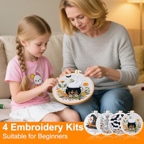 4 Set Halloween Embroidery Kit, Halloween Cross Stitch Kit, Gothic Embroidery Starter Kit 6 Inch Needlepoint DIY Craft for Beginners Adults