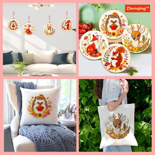 Zhenqing Autumn Animals Cross Stitch Kit - 4-Piece Set with Pre-Printed 11CT 24x24cm Fabric, Hoop & Tools, Fall Theme Animal Designs for Beginners (70412) - color: 70412