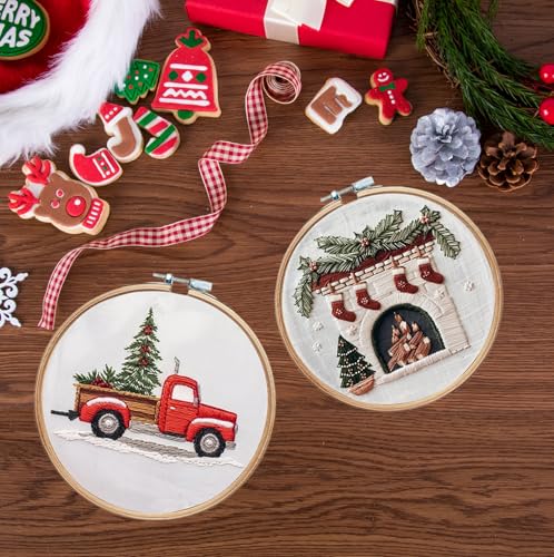 CanVrinxol 4 Sets Christmas Embroidery Kits for Adults Beginners, Cross Stitch Kits with Patterns, Hoops, Threads, Needles & Tools, DIY Craft Gift Ideas (Christmas Collection 2) - style: Christmas Collection 2