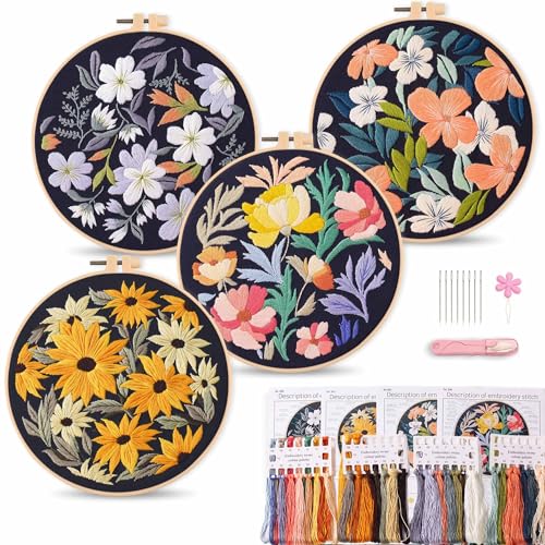 Harimau Adult Beginner Embroidery Starter Kit, Complete Set with 4 Patterns, 2 Hoops, Needles, Scissors, Instruction Guide & Stitching Video Tutorials - color: Floral9 pattern