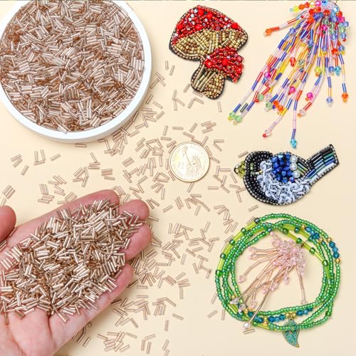 4200pcs Glass Bugle Beads, Mini Long Tube Seed Beads Bulk, Tiny Small Loose Spacer Embroidery Beaded for Bracelets Jewelry Making Sewing, Crafts, Christmas Ornaments, 2×6mm, Champagne Pink - color: Champagne