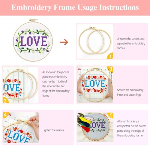 Zhenqing 3 Valentine's Day Cross Stitch Kit Set for Beginners, 11CT Printed 20x20cm with 16cm Hoop, Love Word & Ring & Rose Romantic Embroidery(70858) - color: Romance Theme Cross-Stitch 3-Piece Set