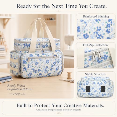Lyhaxon Sewing Organizer Storage Bag, Double Layer Sewing Box Case - color: Blue Floral