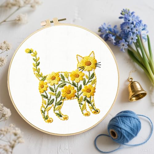 FREEBLOSS 5 Sets Embroidery Kit for Beginners Needlepoint Flower Cat Stamped Embroidery Starter Kit with Instructions, Needles, Threads, 2 Hoops 11.6"/29.5CM