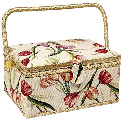 Sewing Basket with Tulip Floral Print Design- Sewing Kit Storage Box with Removable Tray, Built-In Pin Cushion and Interior Pocket - Large - 12" x 9" x 6" - by Adolfo Design - color: Tulip, size: Large - 12" x 9" x 6"