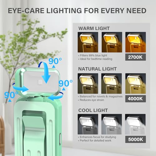 KTEBO Rechargeable Book Light with Clip & Battery Indicator, 9 Luminescence Modes, USB-C Portable 1.6 oz Ultralight Lamp for Night Reading in Bed, Readers - Green - color: Green