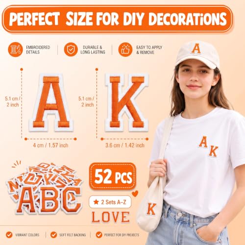 Jongdari Iron on Letters, 52 Pcs Alphabet Patches with Ironed Adhesive, Decorate Repair Patches for Shirts Jackets Hats Jeans Shoes Bags(Orange) - color: Orange, size: 52 Letters