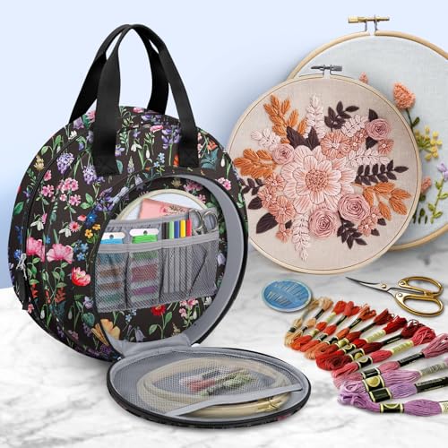 FINPAC Embroidery Project Bag, Embroidery Kits Storage Carrying Tote Bag - color: Black Floral