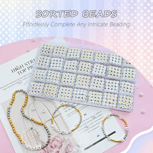 Looconi 1400pcs Letter Beads Gold Alphabet A-Z and Smiley Heart Beads White Acrylic for Jewelry Making Bracelet - color: Goldsmiley, size: 7x4mm