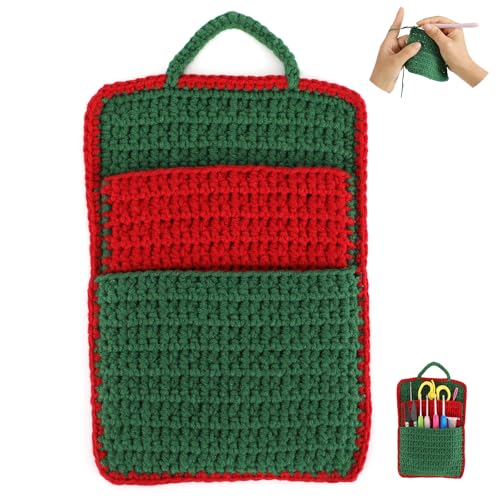 Handmade Crochet Bag Organizer,2-Layer Small Crochet Pouch for Women,Crochet Hook Storage & Knitting Project Bag,Green Red Crocheted Bag for Crochet Supplies,Scissors,Gifts for crochet lovers
