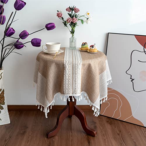 Gernaice Farmhouse Striped Tassle Small Tablecloth Heavy Duty Linen Fabric Wrinkle Free Tablecloths Square Embroidery Table Cloth for Kitchen Dining Party Patio Christmas Square Brown 36x36 Inches - color: Brown Striped-b