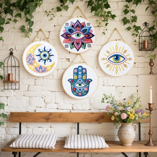 FREEBLOSS 4 Set Embroidery Kit Hamsa Pattern Stamped Embroidery Starter Kit with Step by Step Instructions, Colored Threads, 2 Hoops, Needlepoint Kits for Hand Craft Lovers Gift, 30cm/11.8inch - style: Tarot Elements