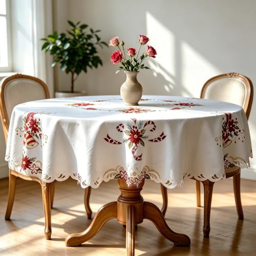Grelucgo Holiday Tablecloth, White with Red Poinsettia Embroidered Design, Scalloped Edge, Christmas Dining Table Decor (Round 70 Inches) - size: 70" (Round)