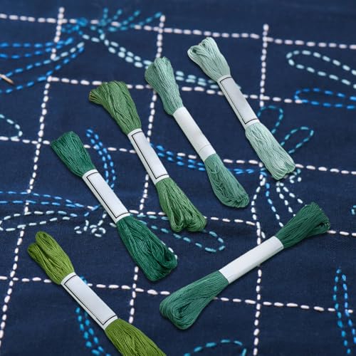 FREEBLOSS 6Pcs Sashiko Thread Sashiko Skein 55 Yards*6 Colors Green Cotton Embroidery Thread Japanese Quilting & Embroidery Sashiko Kit Supplies - color: Green