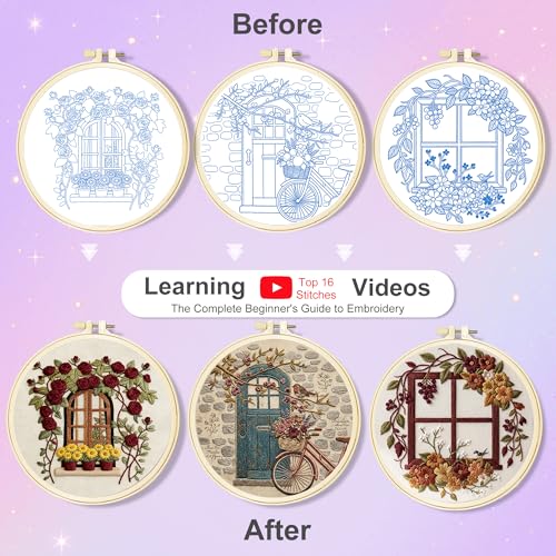 Huacan Embroidery Kit for Adults Beginners with 3 Hoops & Gift Box - color: Vintage Floral