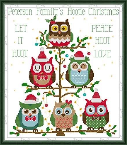 Howie's Needlepoint Cross Stitch Kits, 14CT Pre-Printed Pattern Needlepoint Kits, Full Range of Stamped Starter Kits (Christmas Owl, 14.2 x 16.1 Inch) - color: Christmas Owl