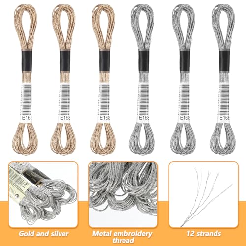 6 Skeins Metallic Embroidery Floss, Silver and Light Gold Metallic Thread for Embroidery, Friendship Bracelet String Cross Stitch Thread, Polyester Craft Yarn for Hand Embroiderys String Art DIY