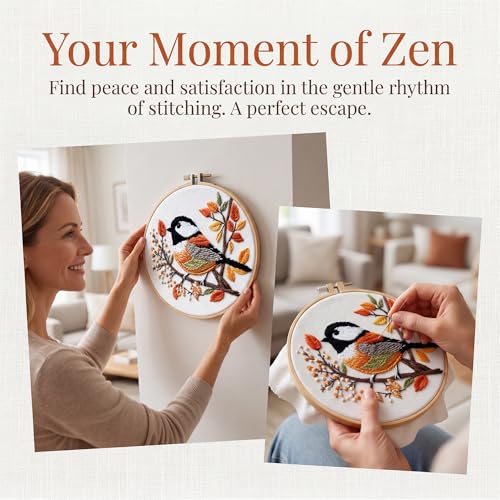 Huacan Embroidery Kit for Beginners Adults Includes Stamped Bird Pattern, Hoop, Color Threads,Tools,Easy to Follow Instruction