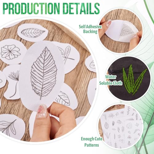 Magibeads 80 Patterns Leaf Plant Flower Water-Soluble Embroidery Patterns Stick and Stitch Spring Summer Floral Tear Away Embroidery Paper Wash Away for Hand Sewing Beginners Starts Adult - color: Leaf