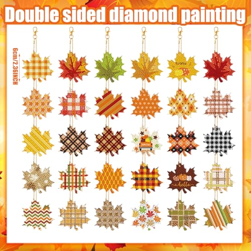 WILLBOND 30 Pcs Fall Thanksgiving Diamond Art Keychains for Adults, Maple - color: Maple Leaf