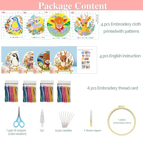 Zhenqing 4-Piece Animal Cross Stitch Kit for Beginners - Complete Set with Pre-Printed 11CT 24x24cm Fabric, Hoop & Tools (Penguin, Sloth, Cow, Deer Designs)(70405) - color: 70405