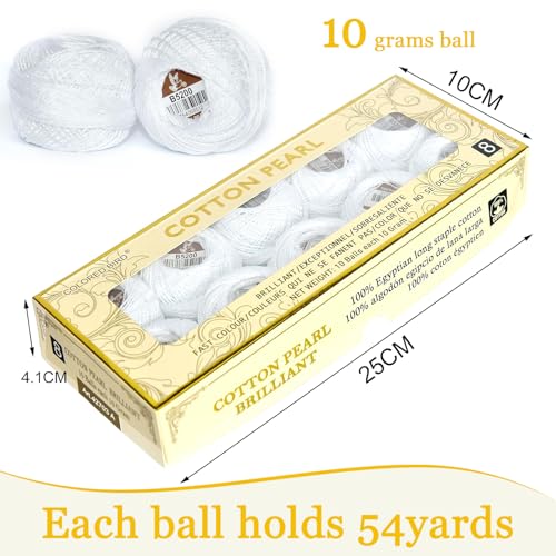 Double Mercerized Egyptian Long Staple Cotton Pearl Thread Ball 10 Grams Rainbow Color Embroidery Thread 10 Balls per Box for Crochet Hardanger Cross Stitch Hand Embroidery,White - color: white