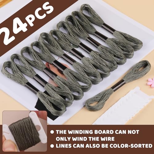 24 Skeins Embroidery Thread,Gray Embroidery Cross Floss, Embroidery Thread Floss Set with Plastic Floss Bobbins,Needle Threader, Hand Sewing Needle - color: Grey
