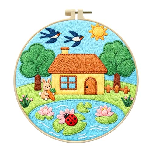 Zhenqing Summer Lotus Embroidery Kit for Beginners, Bunny with Carrot Craft Set with 20cm Hoop, Printed Design on 29x29cm Cotton Fabric, DIY Bright Wall Art (C0161) - color: Summer Pond