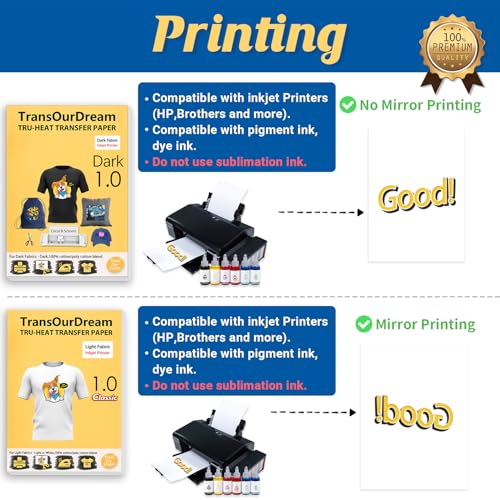 TransOurDream Tru-Heat Transfer Paper for Dark and Light Fabric (50+50 Sheets, 8.5x11", Mix Pack) Printable HTV Heat Transfers Vinyl for Inkjet Printers Iron on Transfers for T Shirts - color: Mix-D1L1, size: 100 Sheets