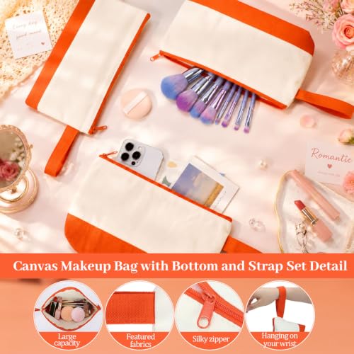 Silkfly 15 Pcs Cotton Canvas Makeup Bags Cosmetic Zipper Bags 10.2 x 5.5 x 2'' Blank DIY Pouch Bulk Pencil Case with Bottom Travel Toiletry Pouch for Women Craft Decor Gift (Beige and Orange) - color: Beige and Orange