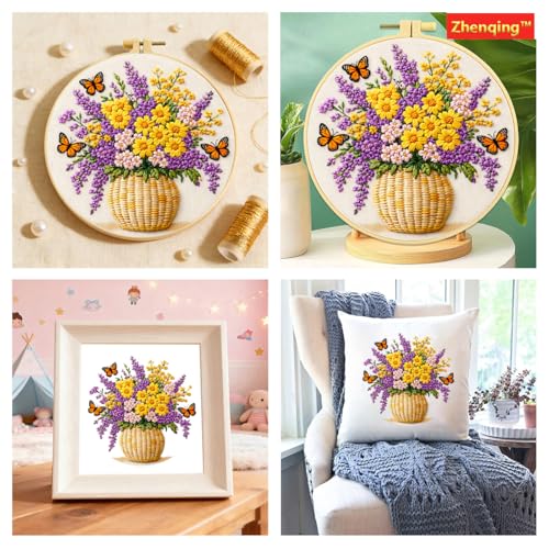 Zhenqing Flower Basket Embroidery Kit for Beginners, Pre-Printed 29x29cm Cotton Fabric with 20cm Hoop, Garden Design with Butterflies (JC0047