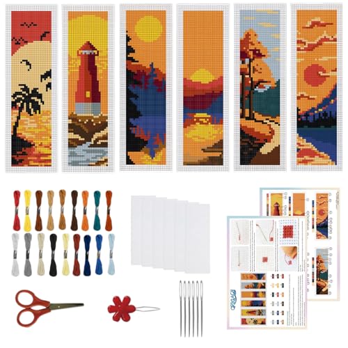 ORIGACH 6 Set Sunset Landscape Cross Stitch Bookmark Kit for Beginner - style: Landscapes