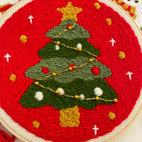 Myfelicity Punch Needle Kit, Punch Needle Kits Adults Beginner,Father Christmas and Christmas Tree Patterns, Complete with a Few Beads - color: red