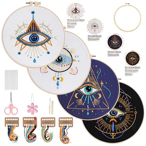 Vereela Evil Eye Embroidery Kit for Beginners Adults, 4 Pack Pre Stamped Embroidery Starter Kit with 8" Hoop, Threads, Needles, Tools & Instructions, DIY Needlework Craft Gift for Women Teens - color: Evil Eye