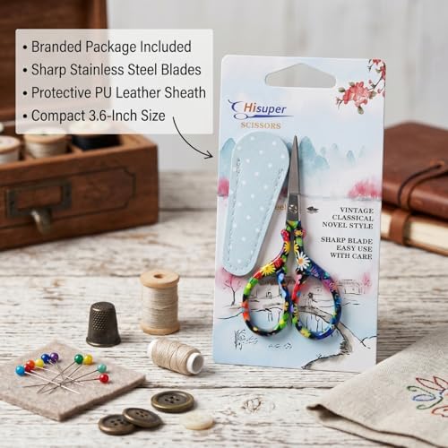 3.6 inch Sharp Embroidery Scissors for Sewing with Premium Leather Sheath - color: Black Flower