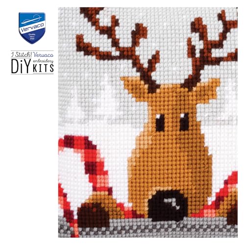 Vervaco Cross Stitch Christmas Pillow Kit Reindeer DIY Home Decor Stamped Embroidery Chunky Cross Stitch Cushion Craft Supplies ca. 16" x 16" Needlepoint Kits for Adults Creative Gift - size: Reindeer