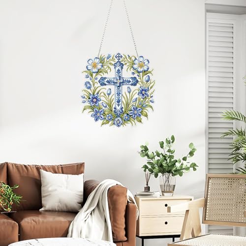ZeeLionArt Hanging Diamonds Art kit for Adult,Cross Flowers Pendant Diamonds Painting Art Kit,7.5x7.6inch Acrylic Diamonds Painting Board Kit Ornament, Special Crystal Diamond Hanging Ornament - color: DP02451